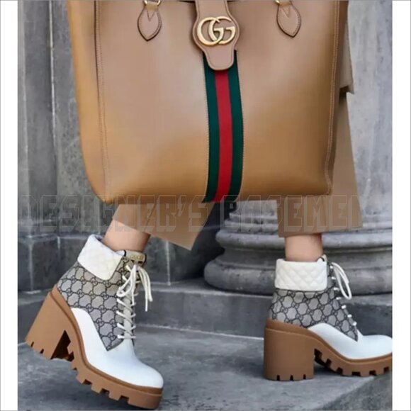GUCCI 41 beige GG canvas quilted Leather TRIP logo platform Combat ankle Booties - Picture 3 of 14